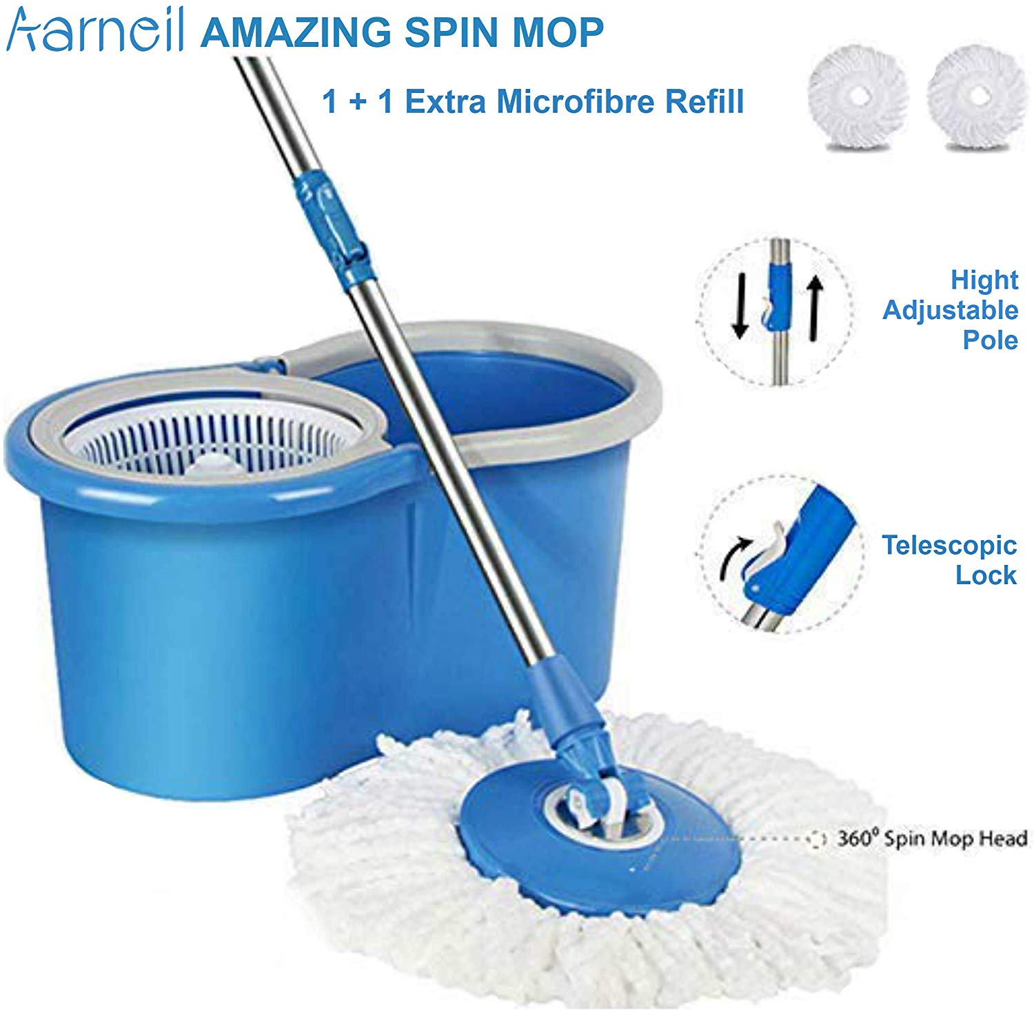 Aarneil 360 Spin Mop Bucket with Plastic Basket with 2 Refill Bucket with Wheel to Easy Moving