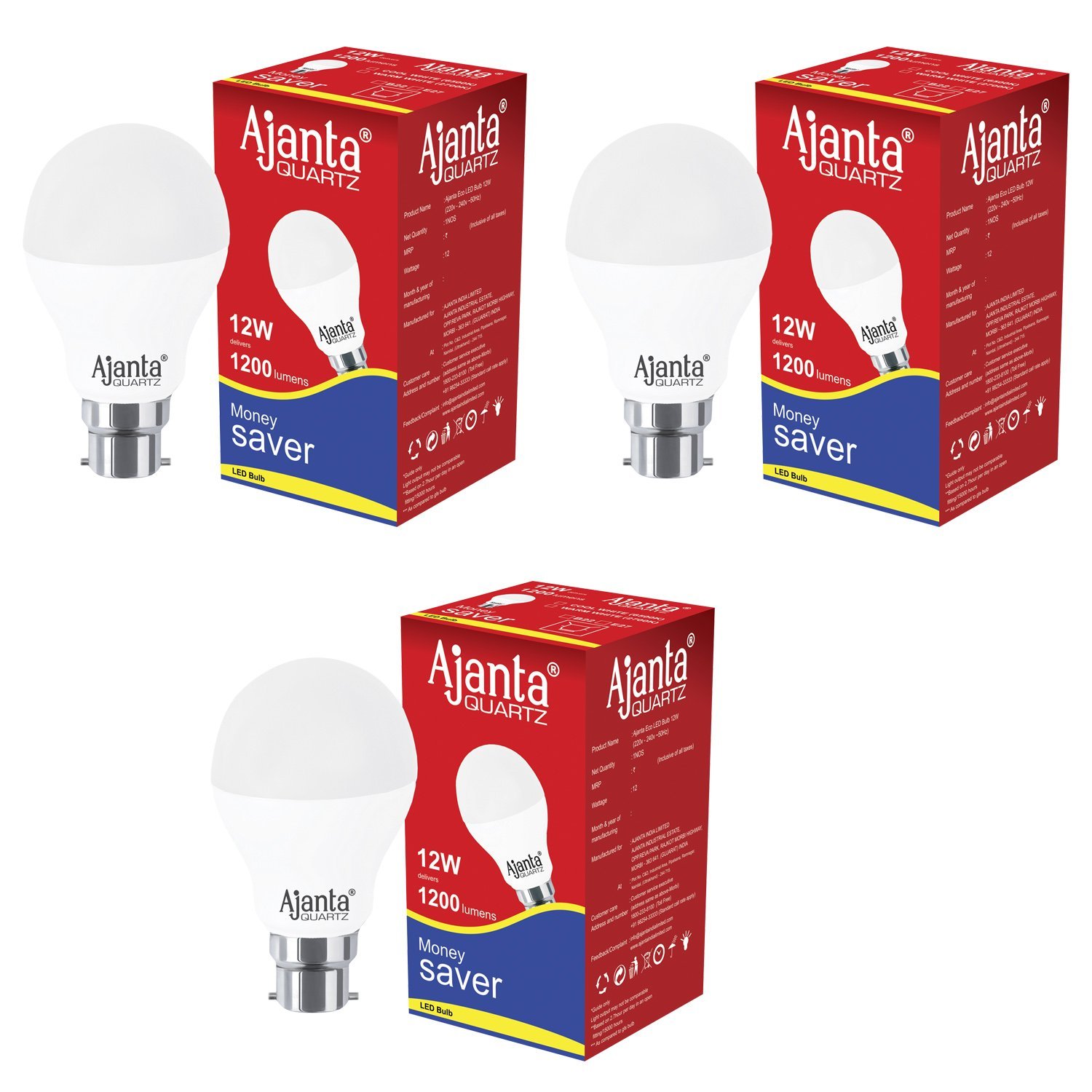 Ajanta Quartz3 Base B22 12-Watt LED Bulb Pack of 3