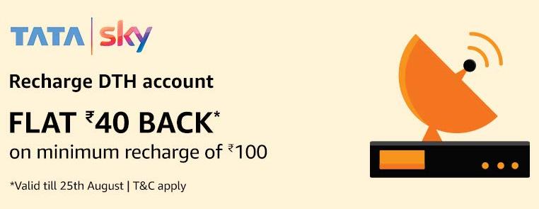 Flat Rs.40 cashback on minimum Rs.100 is applicable for TATASKY DTH Recharge
