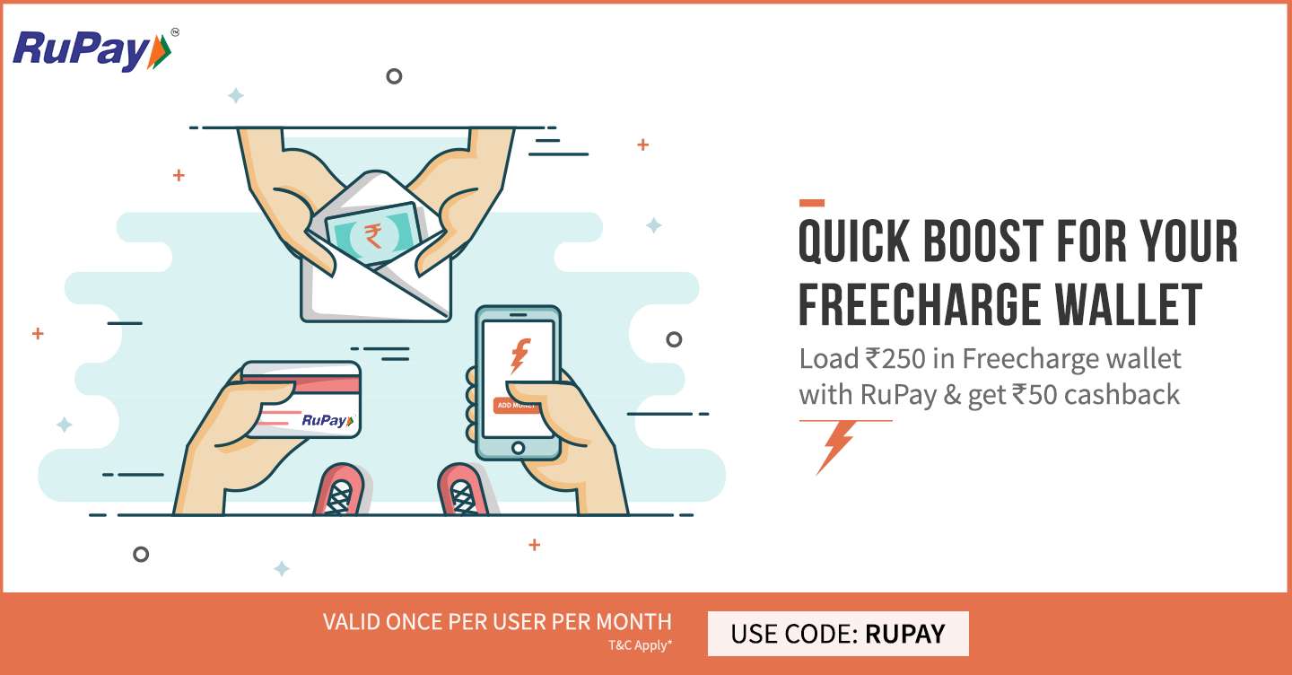 Freecharge - Add Rs.250 through Rupay card and get Rs.50 cashback on Freecharge