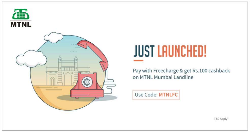 Freecharge - Flat Rs.100 Cashback on Mumbai MTNL Landline Bill Payment.No Minimum Required  