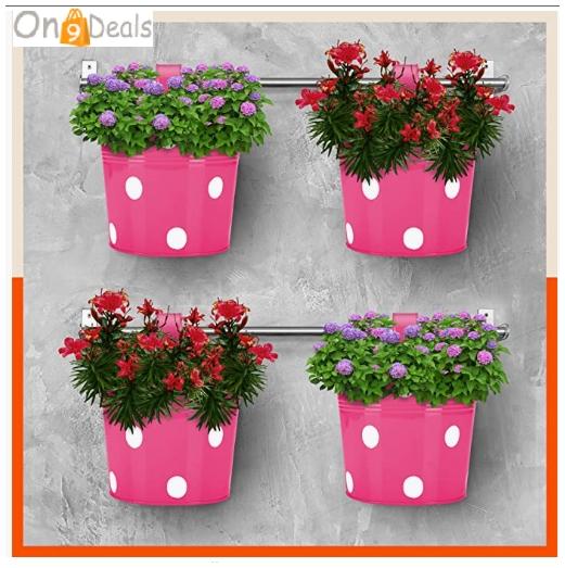 Patio by Bathla - RUI Circular Hanging Metal Pot Holders / Planters for Home / Balcony / Garden |Corrosion Resistant with Detachable Double Hooks | Pink - Set of 4