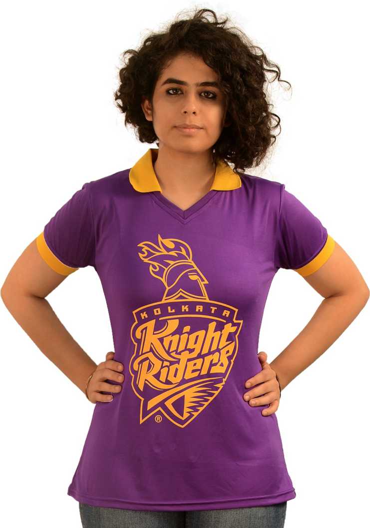 Kolkata Knight Riders Printed Women Polo Neck Purple, Gold T-Shirt