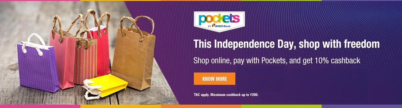 Shop Online Pay with ICICI Pockets Card & Get 10% Cashback upto Rs.200