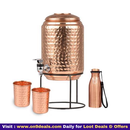 Copper Craft 5 Litre Hammered Copper Plated Water Dispenser Container Pot with 2 Copper Glass Stand & Copper Bottle