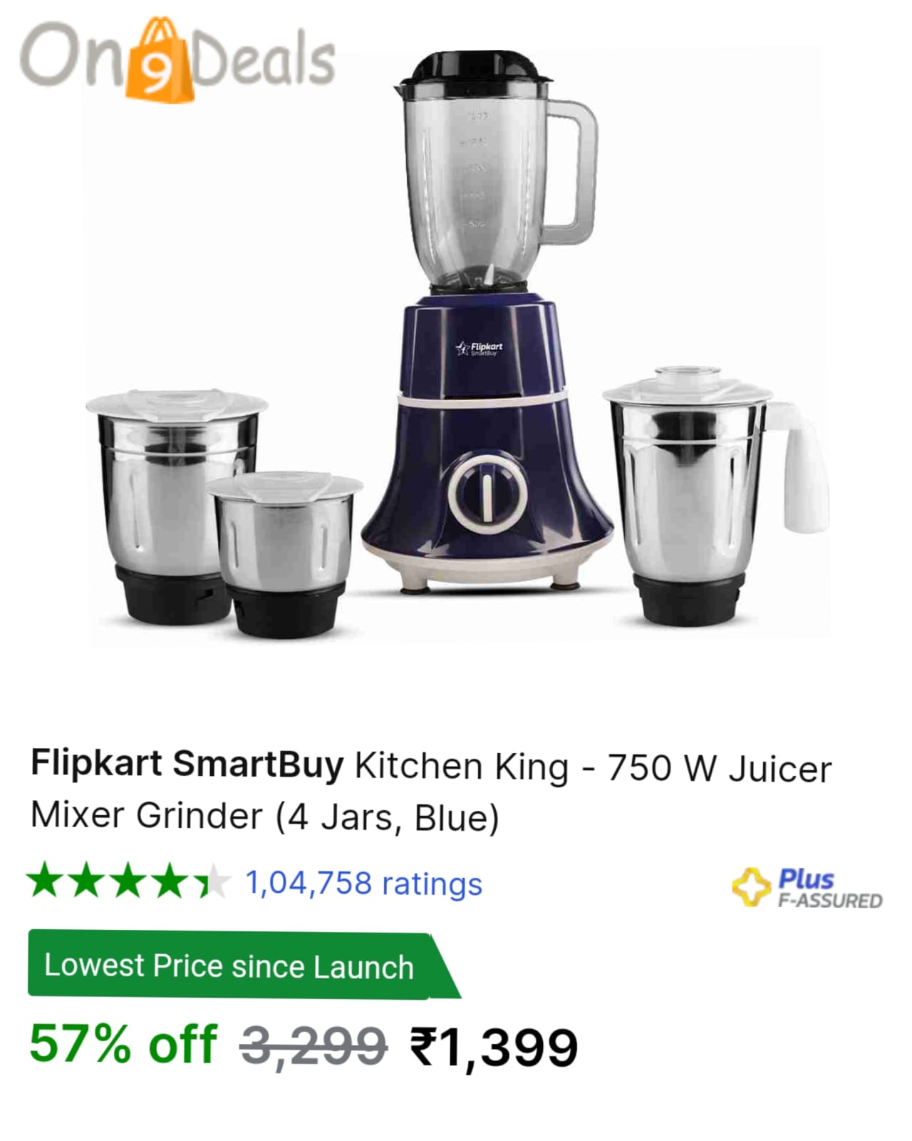Flipkart SmartBuy Kitchen King - 750 W Juicer Mixer Grinder (4 Jars, Blue)