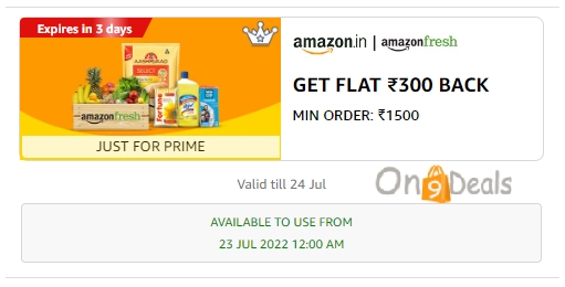 Amazon Fresh Offer For Prime Users - Order Grocery And Get Flat Rs.300 Cashback