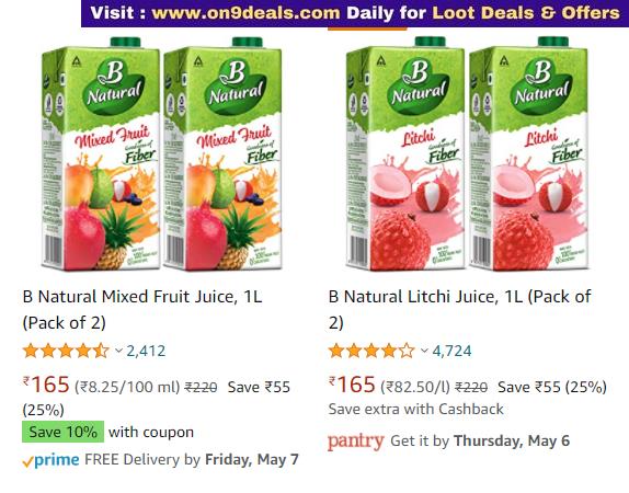 B Natural Fruit Juices Minimum 25% Discount Starts From Rs.165 + Extra 10% Coupon