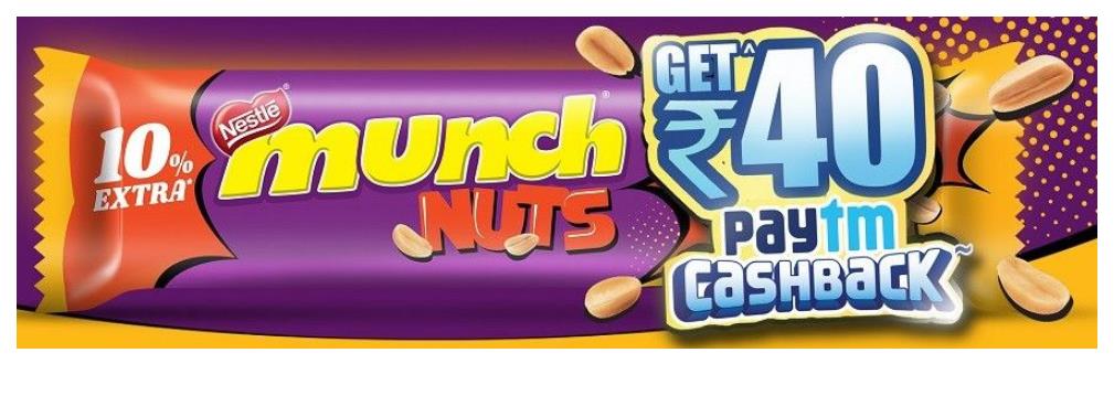 Buy Munch Chocolate Pack Worth Rs.20 & Get Rs.40 Cashback in Paytm Account