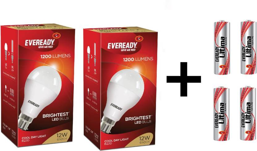 Eveready 12W LED Bulb Pack of 2 with Free 4 Batteries 