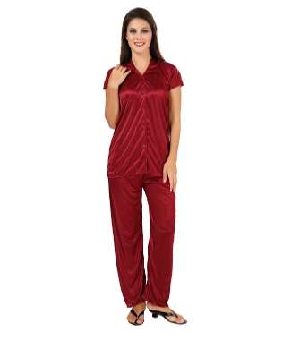 Fashigo Women's Solid Satin Top & Pyjama Set (Free Size)