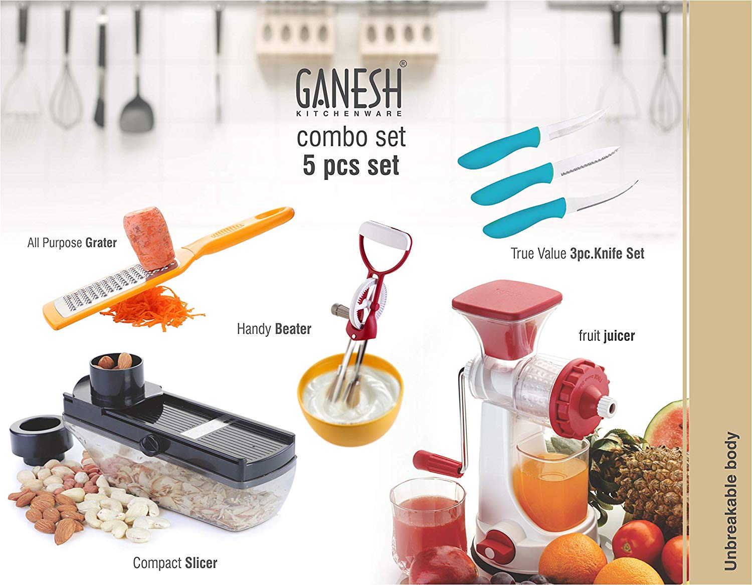 Ganesh Kitchen Combo Grater Slicer Beater Juicer Knife 5 Piece Combo