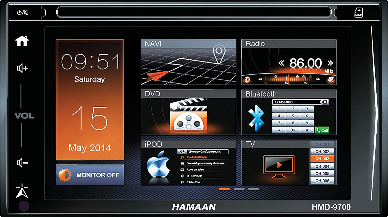 Hamaan HMD-9700 6.5" Touch Screen DVD Player With GPS navigation, FM Radio, Bluetooth, SD Card Slot, USB + Wireless Remote