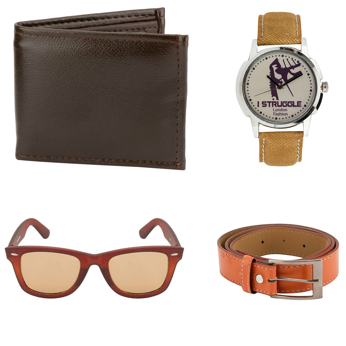HOB London Fashion Medium Synthetic Belt, Wallet, Sunglass and Watch(Brown) - Combo Pack