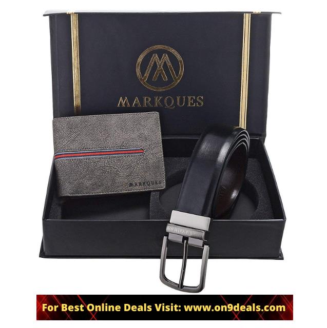 MarkQues Grey Leather Wallet & Black Reversible Belt Combo Gift Set for Men