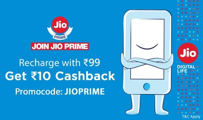 Paytm - Rs.10 cashback on Jio Prime Recharge of Rs.99 