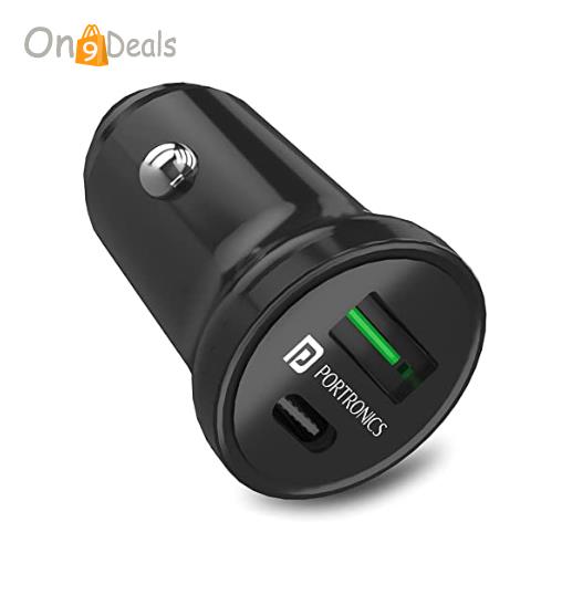 Portronics CarPower Mini Car Charger with Dual Output, Fast Charging Type C PD 18W + QC 3.0A