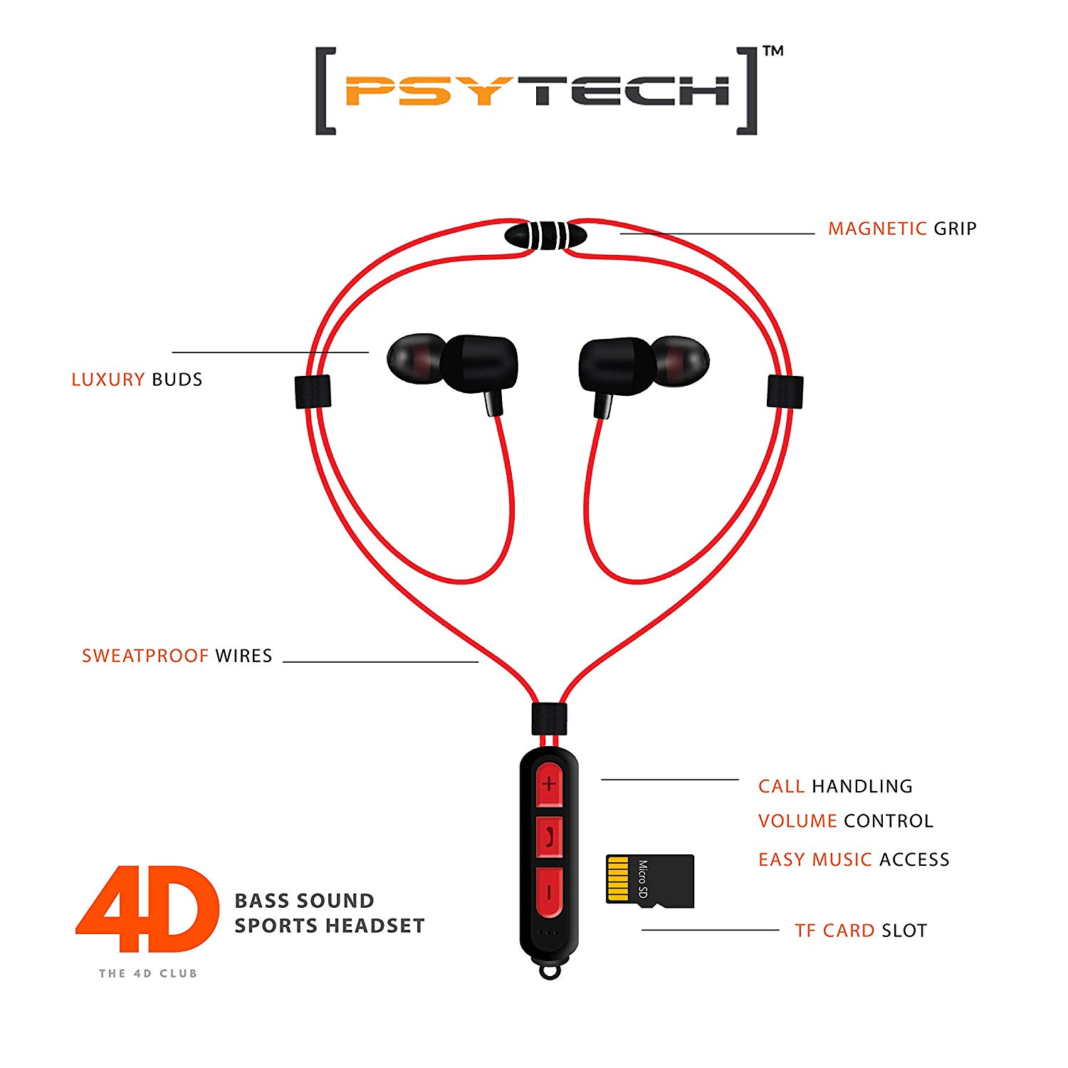 PSYTECH 4D Bass Magnetic Series Wireless Bluetooth Earphones with Stereo Sound Hands-Free Mic and TF Card Slot