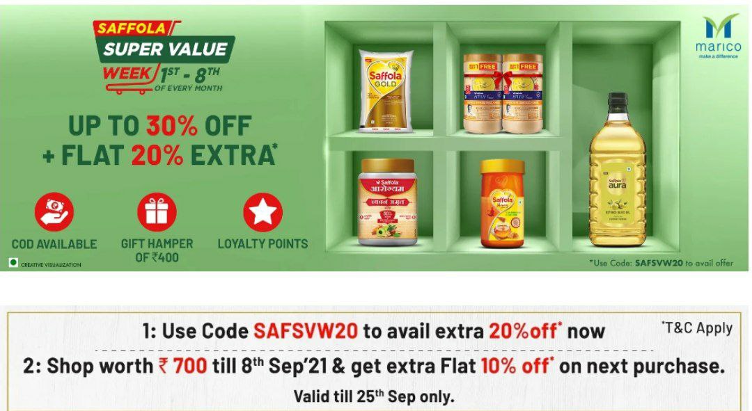 Saffola Super Value Week : Upto 30% Off + Flat 20% Extra Off (Min Cart Value Rs.1500)