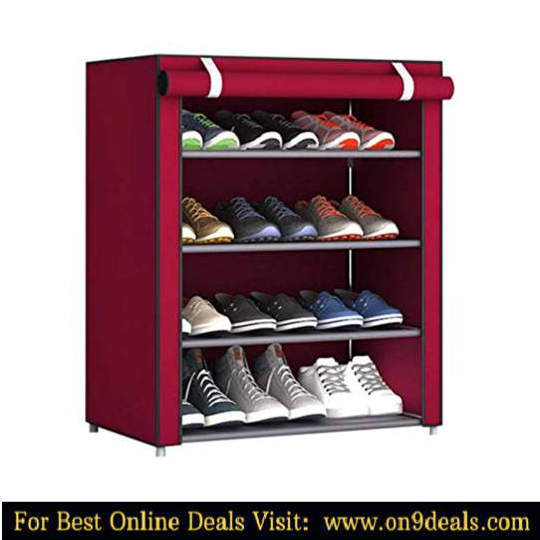 Sasimo 1-Door 4-Shelf Fabric Metal Collapsible Shoe Stand  (Maroon, 4 Shelves)