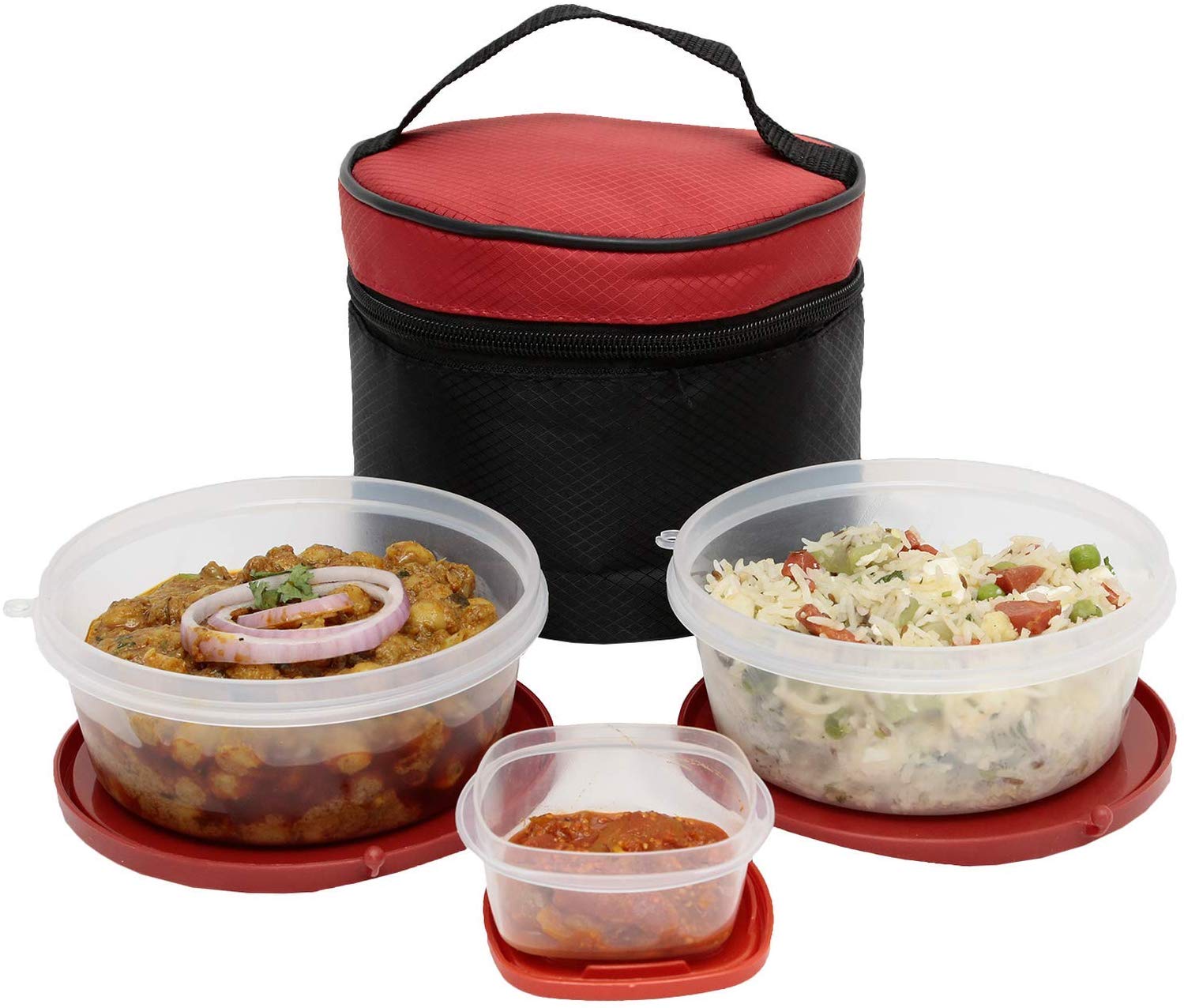 SimpArte Flexi Lid Lunch Box, 3-Pieces, Red (Patterned Black Bag)