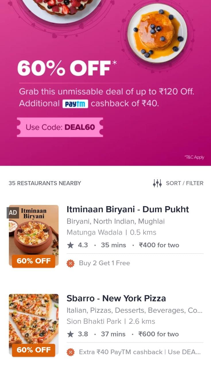 Swiggy - Flat 60% Discount + Extra Rs.40 Paytm Cashback (Order Food Worth Rs.220 in Just Rs.60)