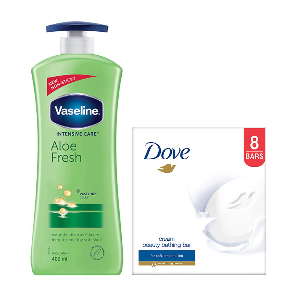 Vaseline Intensive Care Aloe Fresh Body Lotion, 400 g with Dove Cream Beauty Bathing Bar, 100 g