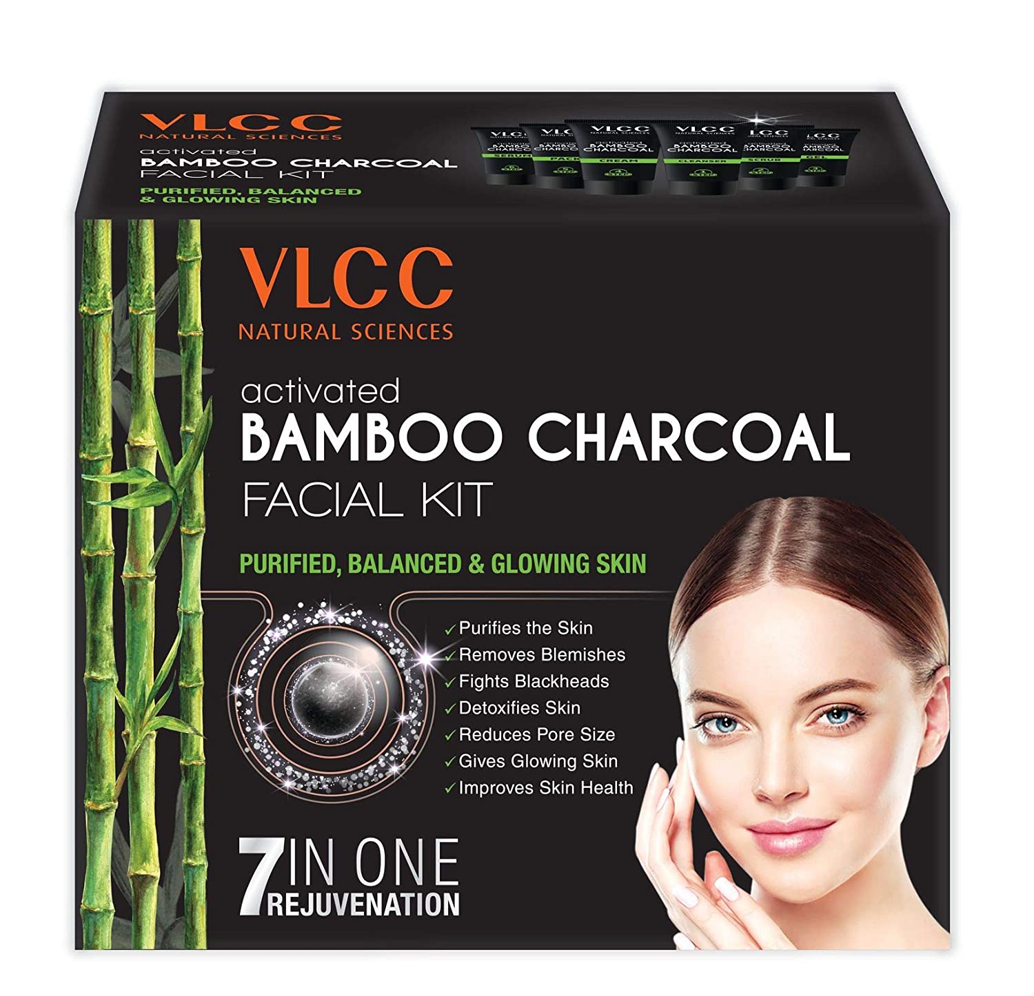 VLCC Activated Bamboo Charcoal Facial Kit (5 Sessions) With Free Rose Water Toner