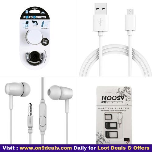 4 in1 Combo of Ear Phone + USB Cable + POP Socket + Sim Adapter Kit