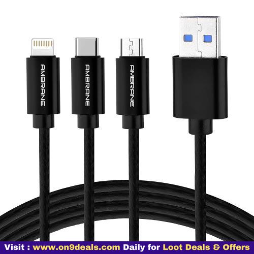 Ambrane Unbreakable 3 in 1 Fast Charging Braided Multipurpose Cable with 2.1 A Speed
