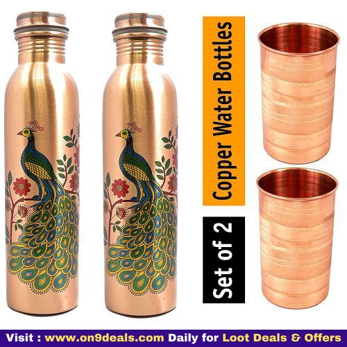 Evergrow Copper Bottle 1000 ML Peacock Print- Set of 2 with Free 2 Copper Glass
