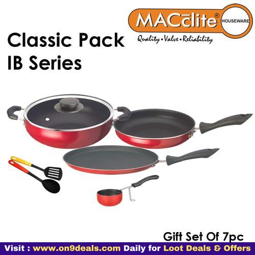Macclite Non Stick Aluminum Cookware Set of 7pc Induction Bottom (Dosa Tawa Kadai  Fry Pan Glass lid Tadka pan 2pc Nylon)
