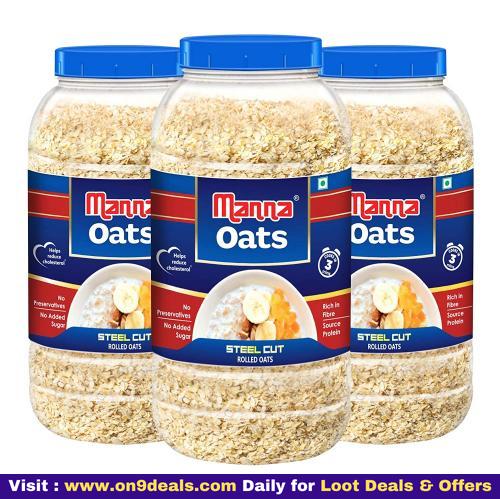 Manna Oats (1kg x 3 Jars) - Gluten Free Steel Cut Rolled Oats High in Fibre & Protein Helps Maintain Cholesterol 100% Natural