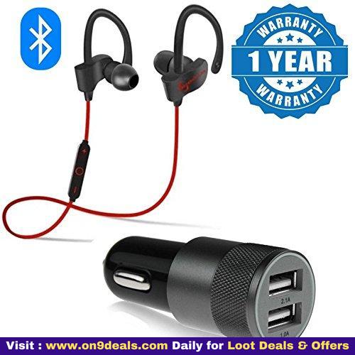 Qc10 Bluetooth Wireless Sport Stereo Earphones + Metal Car Dual USB Port Car Charger