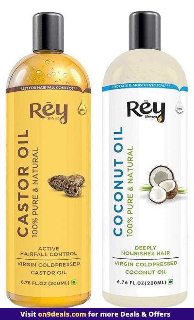 Rey Naturals Cold-Pressed 100% Pure Castor Oil & Coconut Oil Combo - Moisturizing & Healing, For Skin, Hair Care, Eyelashes (200 ml + 200 ml)