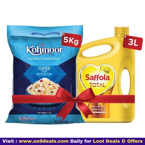 Saffola Total-Pro Heart Conscious Edible Oil , 3 L and Kohinoor Super Value Basmati Rice 5 kg