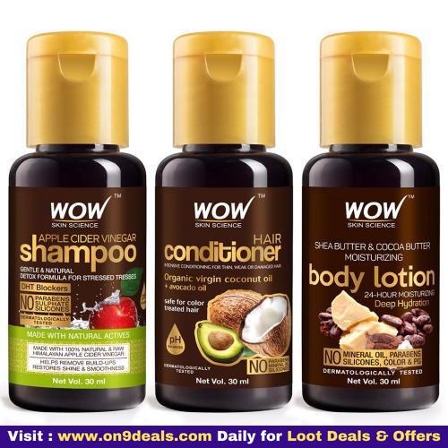 WOW Skin Science Apple Cider Vinegar Shampoo + Hair Conditioner + Shea & Cocoa Butter Body Lotion - Net Vol - 90 Ml