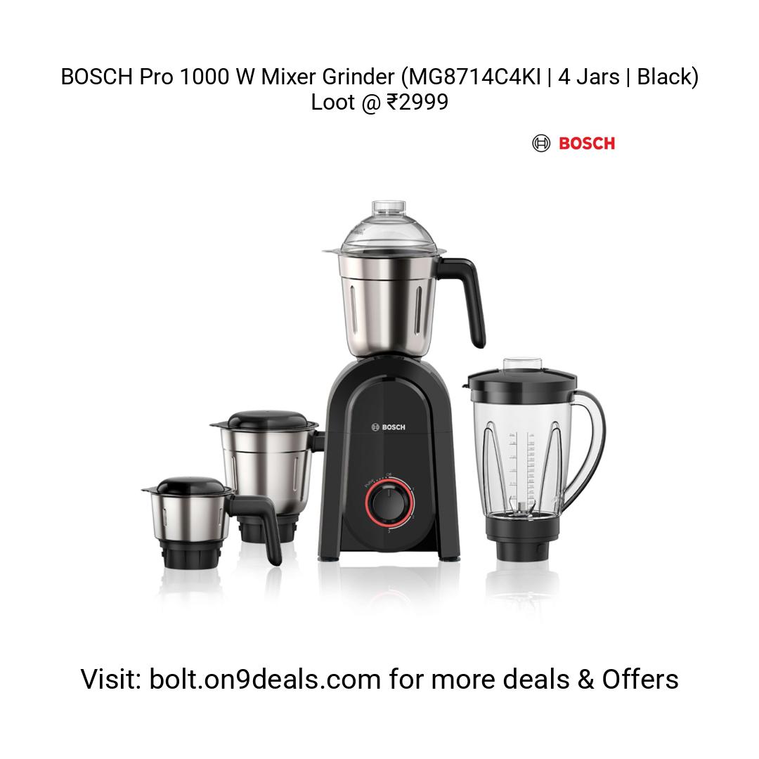 BOSCH Pro 1000 W Mixer Grinder (MG8714C4KI | 4 Jars | Black)
https://fktr.in/Ew5Ij7T
Loot @ ₹2999