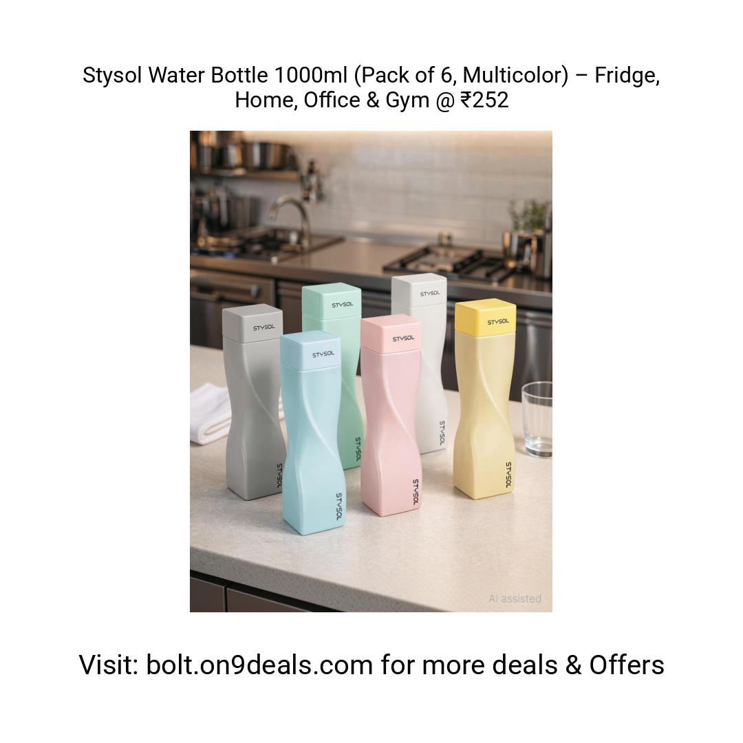 Stysol Water Bottle 1000ml (Pack of 6, Multicolor) – Fridge, Home, Office & Gym @ ₹252
https://fktr.in/FeQa8bf
