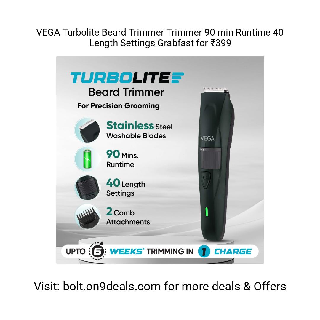 VEGA Turbolite Beard Trimmer Trimmer 90 min  Runtime 40 Length Settings
https://fktr.in/IJ7mm0m
Grabfast for ₹399