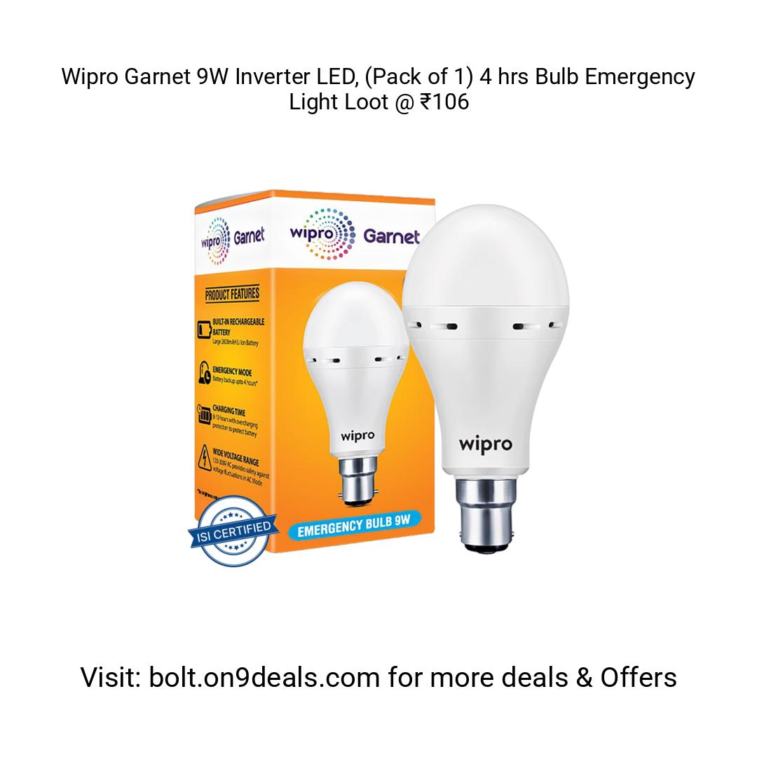 Wipro Garnet 9W Inverter LED, (Pack of 1) 4 hrs Bulb Emergency Light
https://fktr.in/Cr9QQIa
Loot @ ₹106