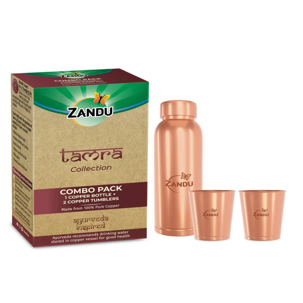 Zandu Copper Combo Pack: Elevate Your Health with 100% Pure Copper Bottle and Tumblers for Ayurvedic Wellness @ Rs.999
