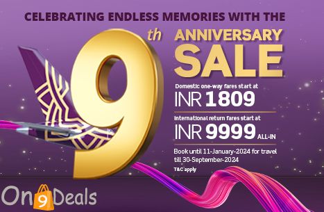 Vistara Airways 9 Anniversary Sale: Flight Tickets Starting At Rs.1809