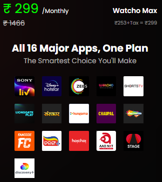 Watcho OTT Buy 1 Month 16 OTT Subscription Get Another Month Free @ Rs 299 + 30 Cashback
